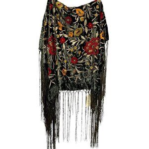 Embroidered Green Velvet Topper Shawl 56" Square w/ Fringe Luxury Tablecloth